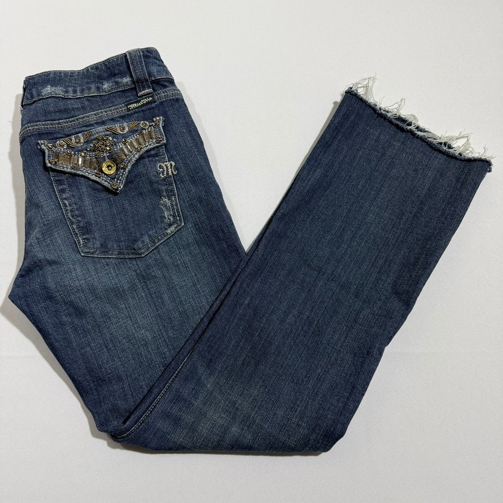 Miss Me Jeans 30 JP4656 Bling Rhinestone Flap Pocket Bootcut Raw Hem Y2K McBling